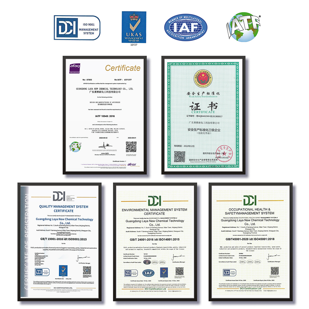 Certificates of LAYA aerosol OEM