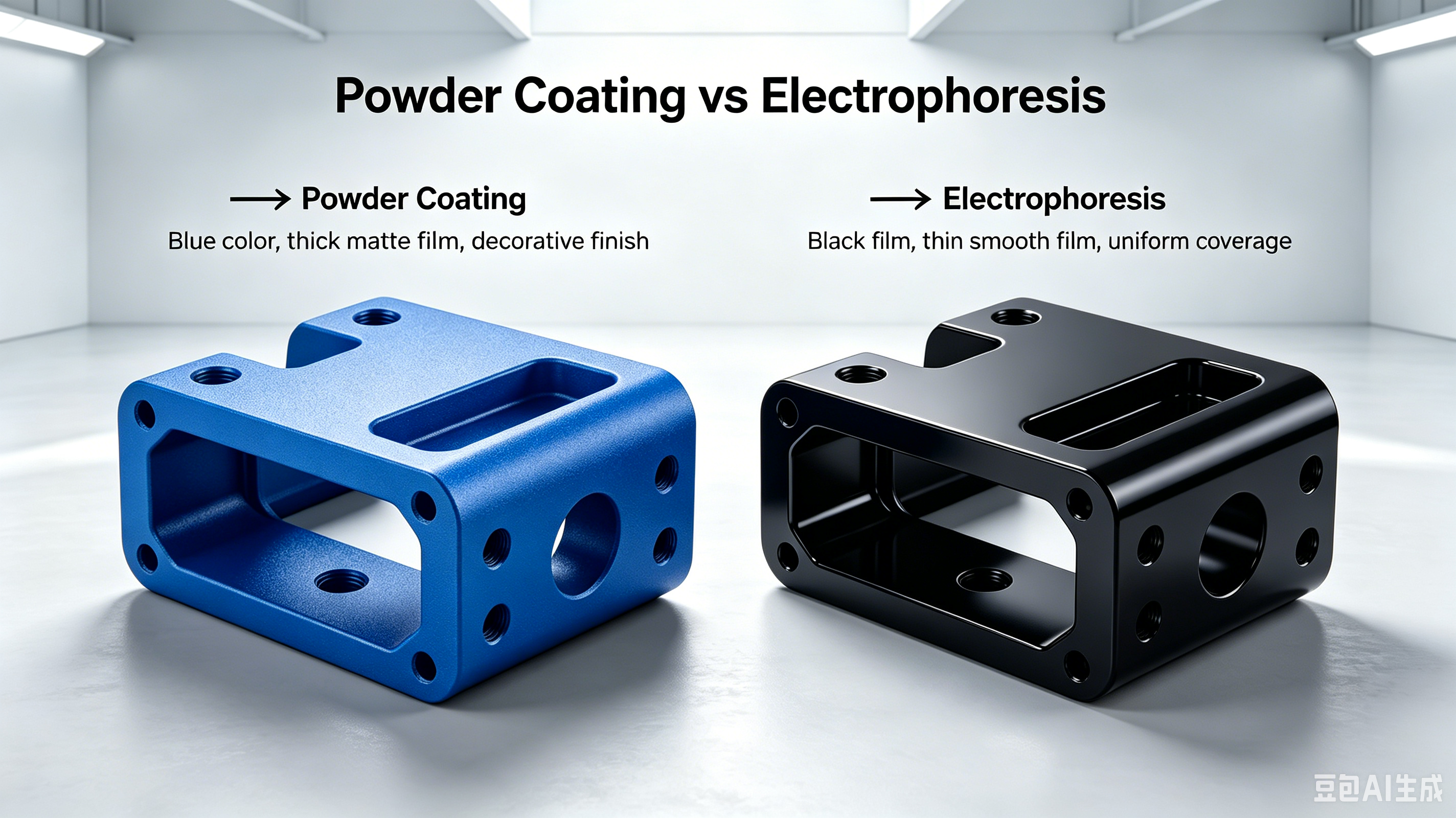 Finished product comparison powder coating versus electrophoretic coating showing coverage differences