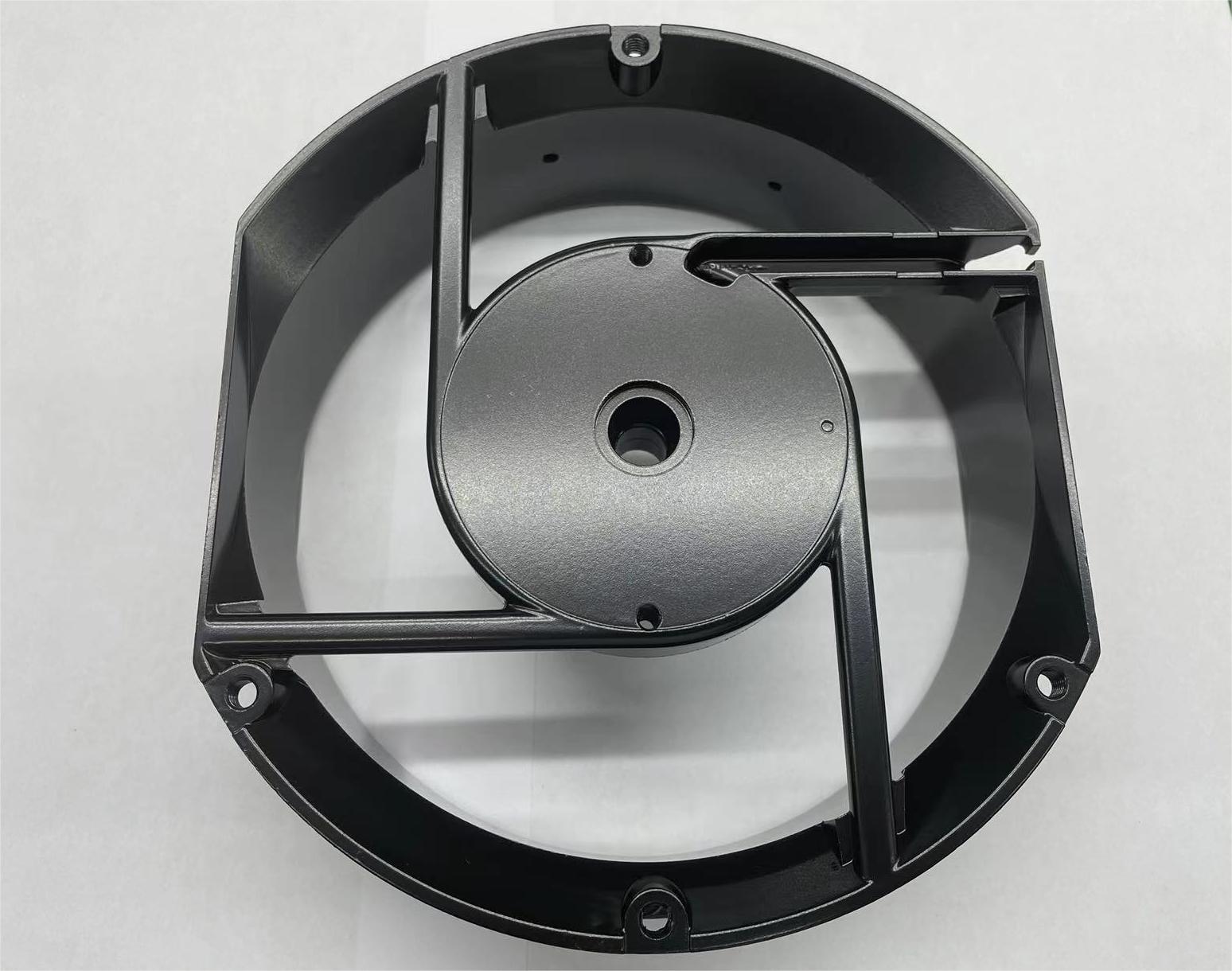 Black electrophoretic coating on a cooling fan frame used in electronic equipment
