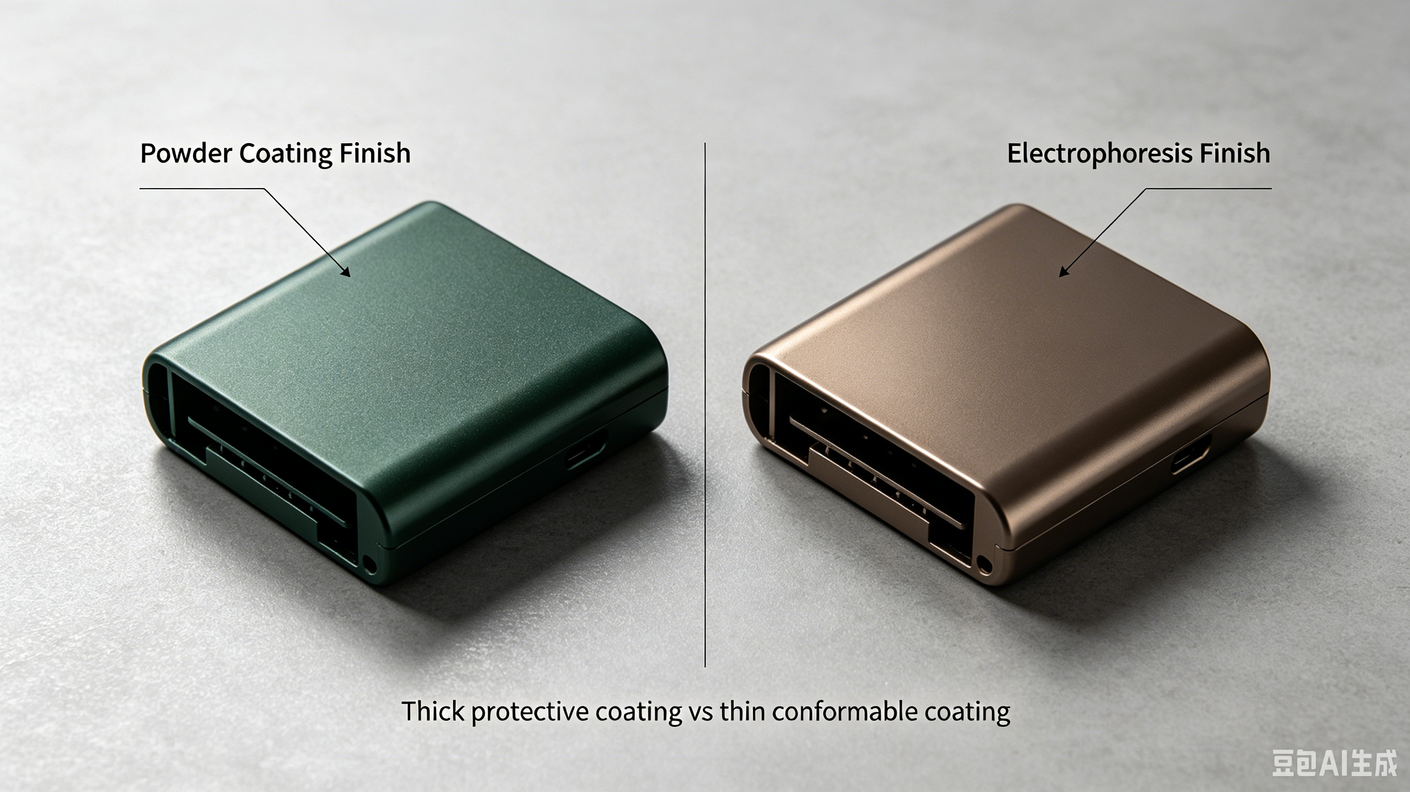 Finished product comparison showing E-coating and powder coating results