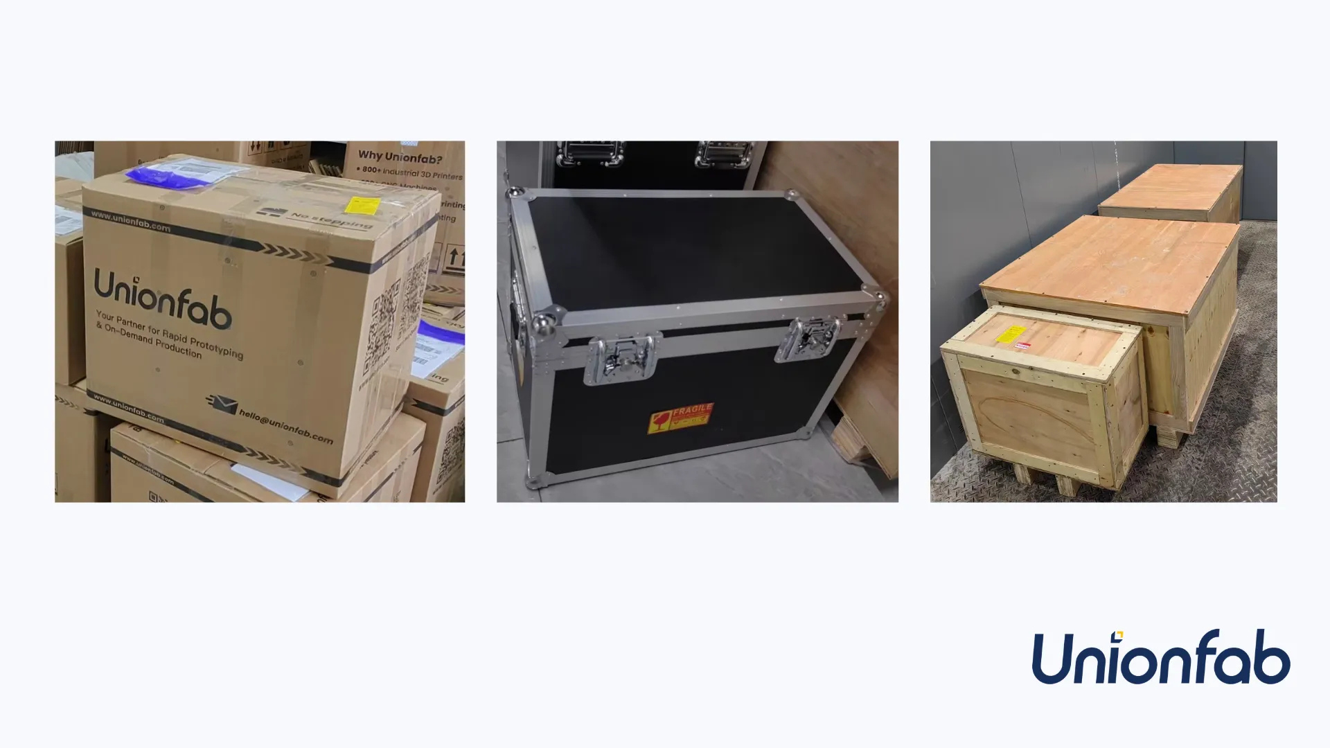 Unionfab packaging options for CNC machined parts: box, foam, and custom crating