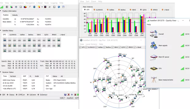 GNSS receiver control software interface used for per-unit factory verification of satellite acquisition and anti-interference functionality