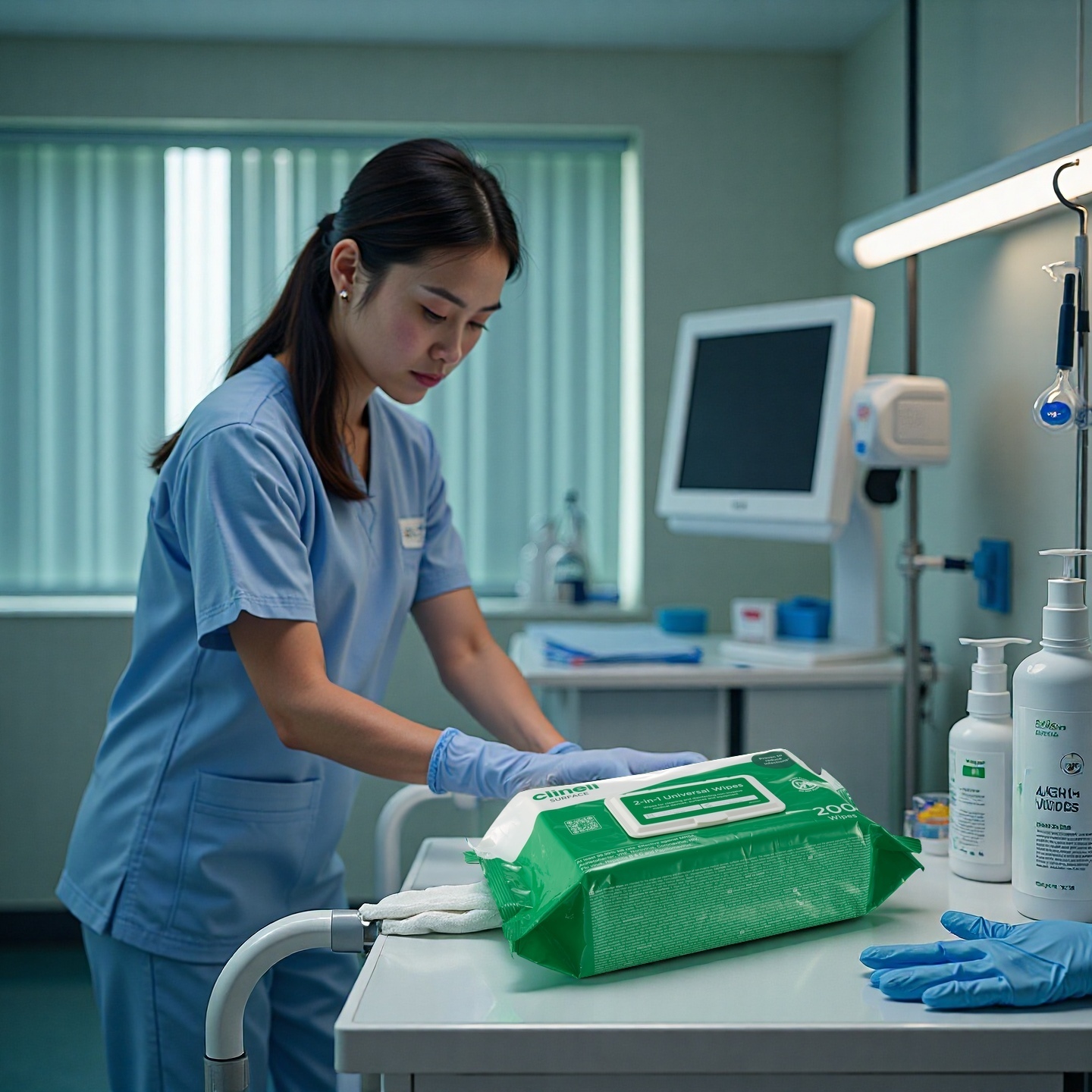 Medical wet wipes in sterile packaging, used in healthcare settings