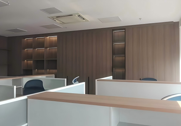 Office interior with aluminum honeycomb wall panels