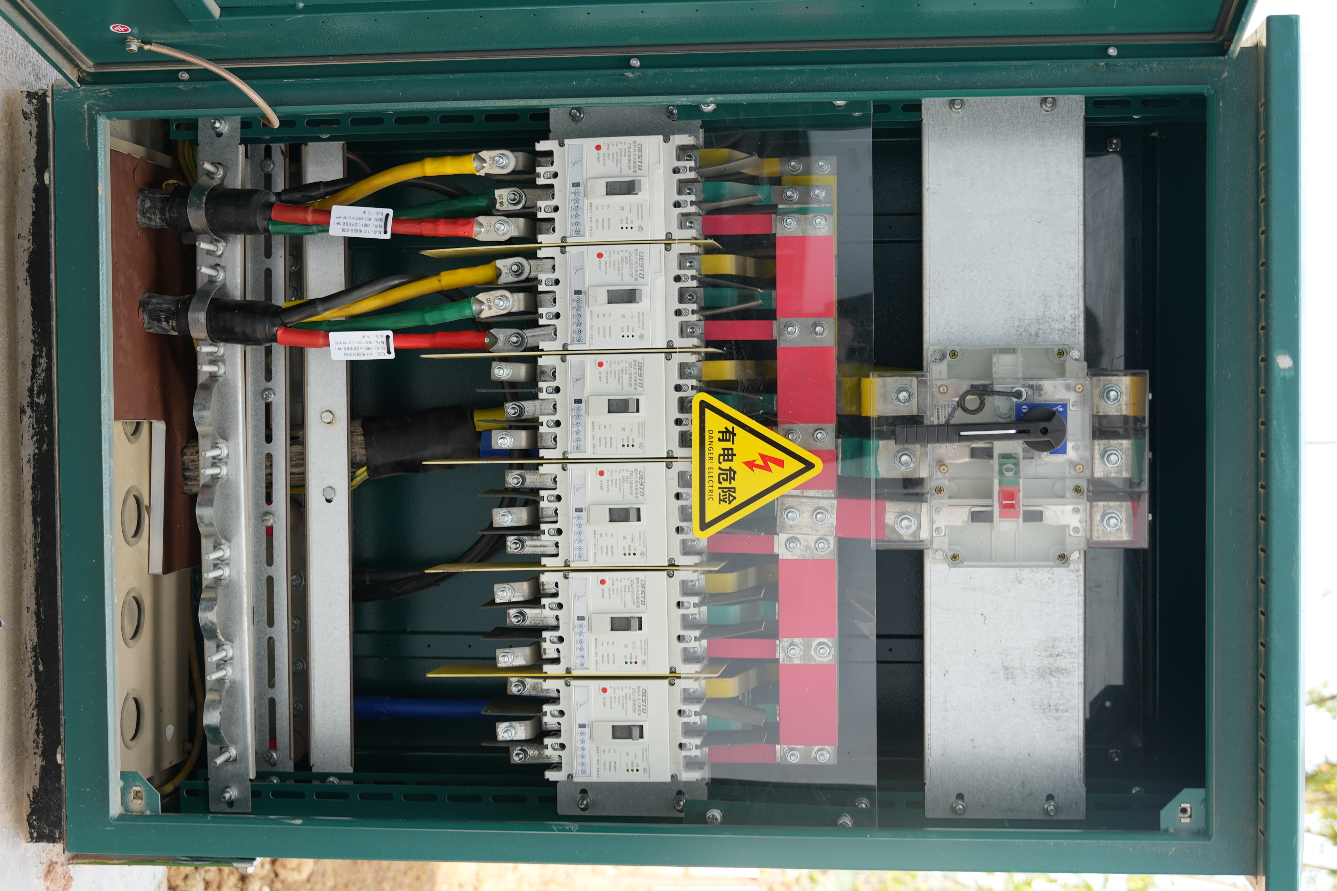 Interior of a low voltage cable branch box showing busbar and outgoing circuit arrangement