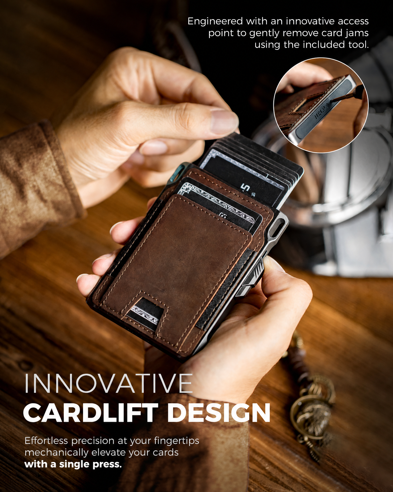 Pop up card access mechanism in a modern wallet for men