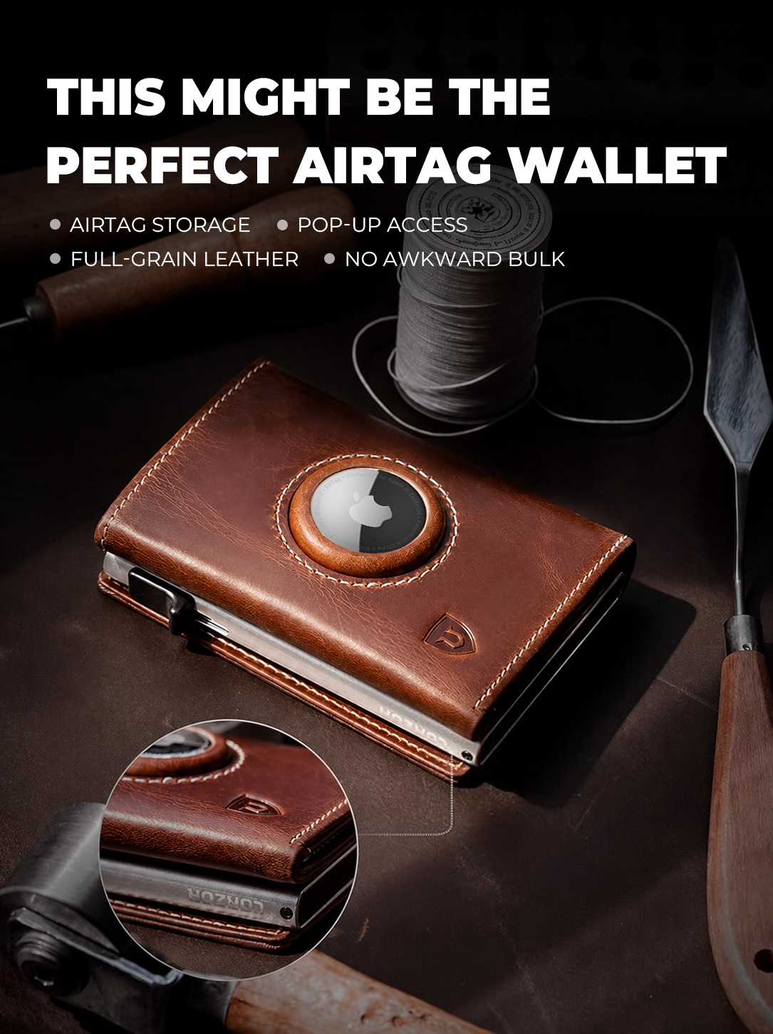 Built-in AirTag holder integrated into a leather wallet structure