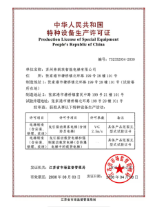 Production License of Special Equipment People's Repubic of China