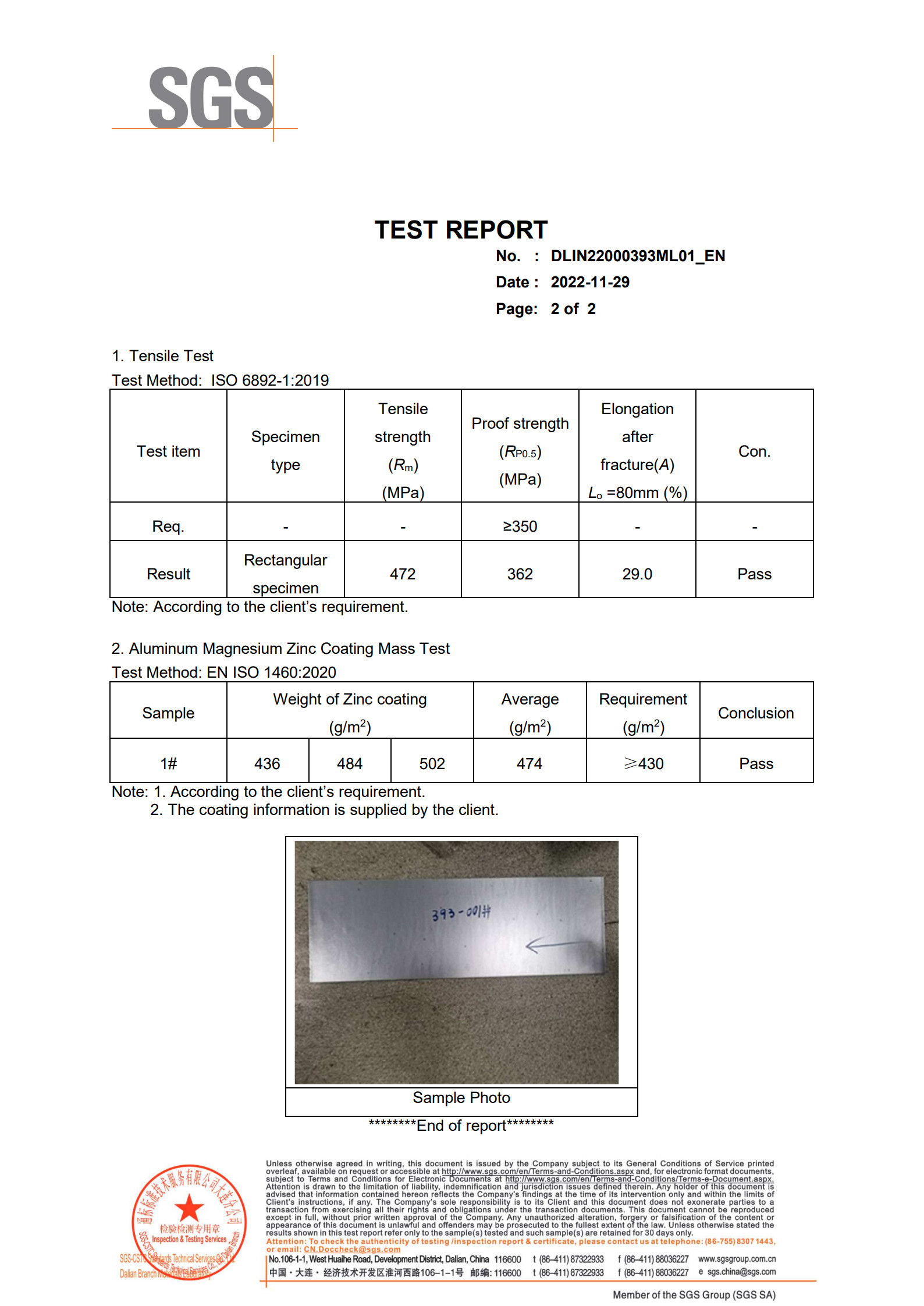 SGS Certificate for ZAM Steel