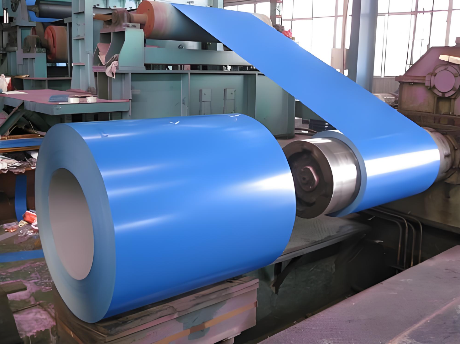 Close-up of PPGI steel coil surface showing color coating