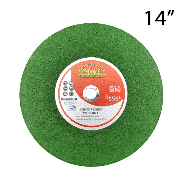 14 inch cutting disc with 355 mm diameter and 25.4 mm bore, used for stationary cut-off machines in heavy metal fabrication
