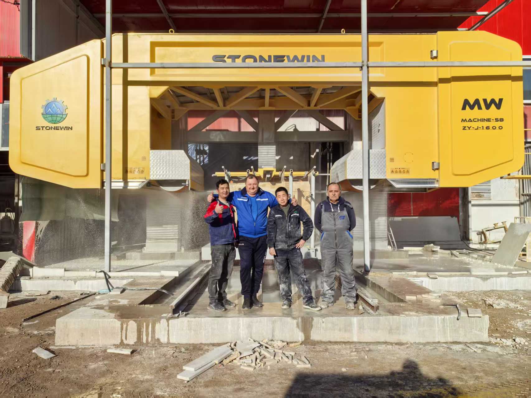 Stonewin multi-wire saw machine installed in a Bulgarian stone slab processing plant, demonstrating project-fit adaptation