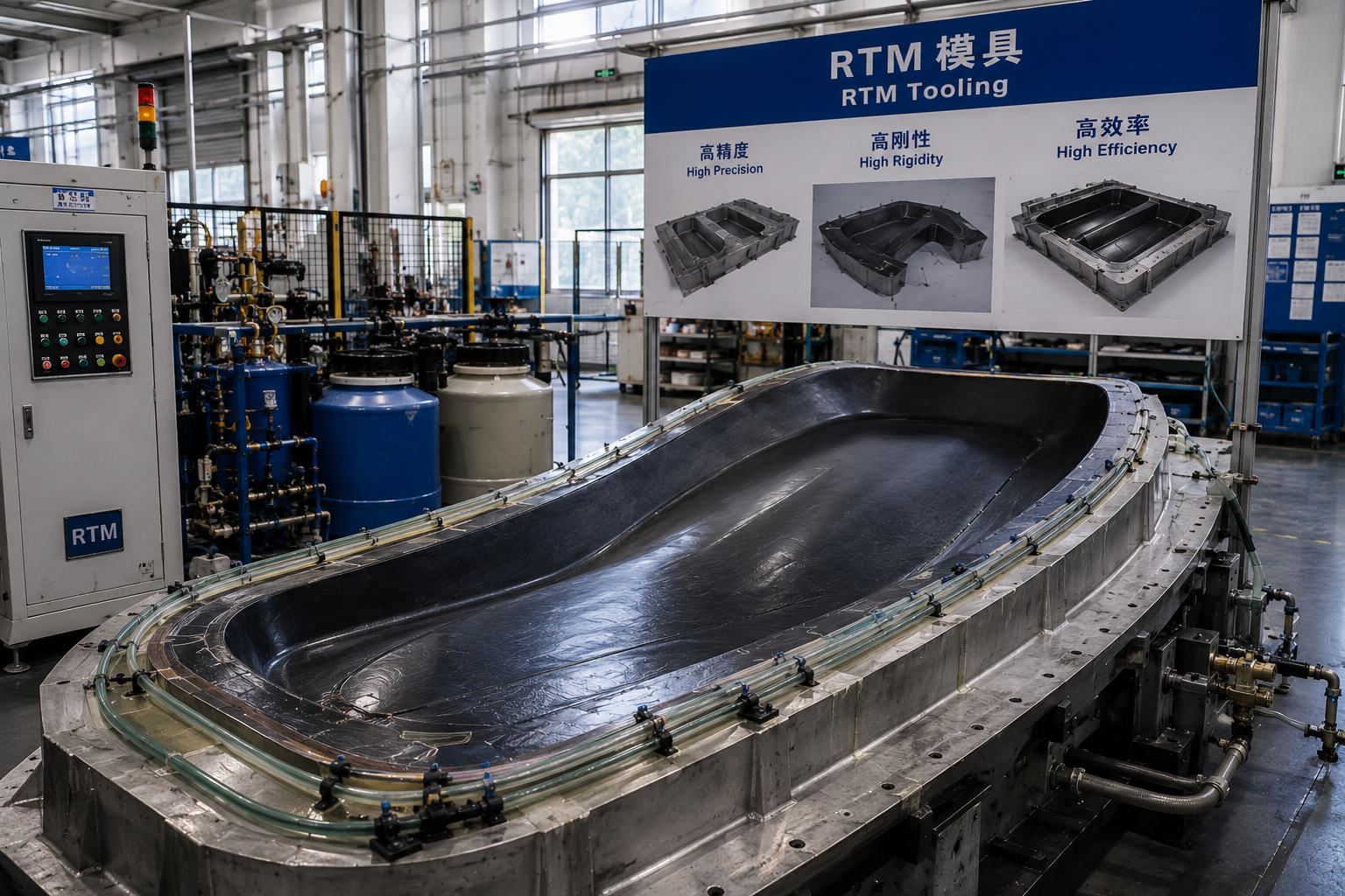 Composite tooling and industrial composite materials including core mat, fiberglass fabric, multiaxial fabric and foam core