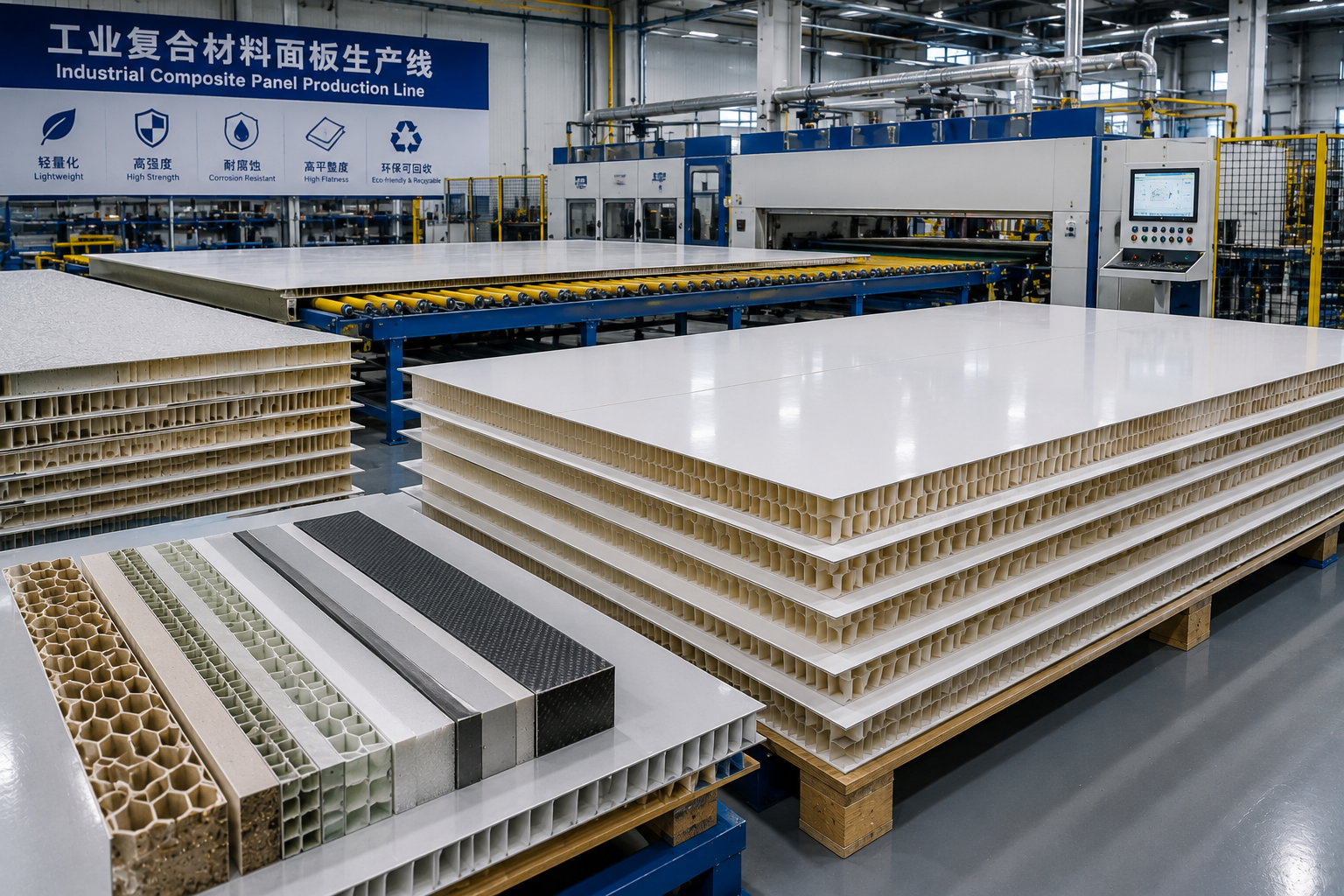 Composite materials including core mat, PET foam, PVC foam, and multiaxial fabric for industrial composites