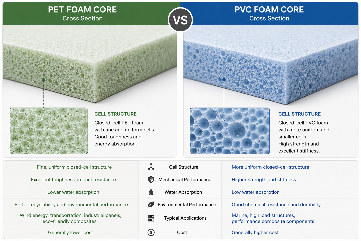 Technical comparison between PVC foam and PET foam core materials showing performance gap and cost difference