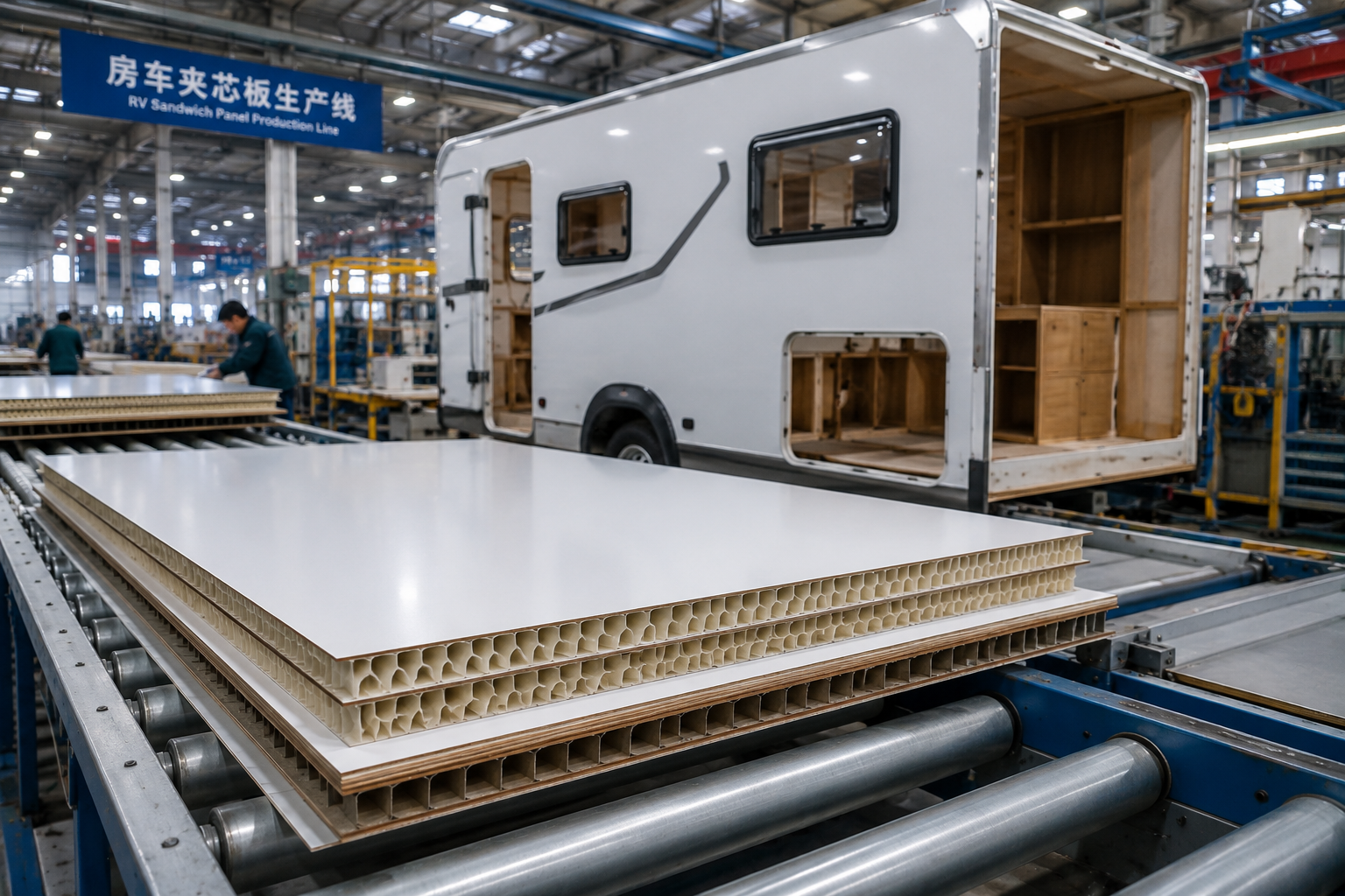 RV and caravan production line using lightweight core materials for side panels, floors, and roofs.