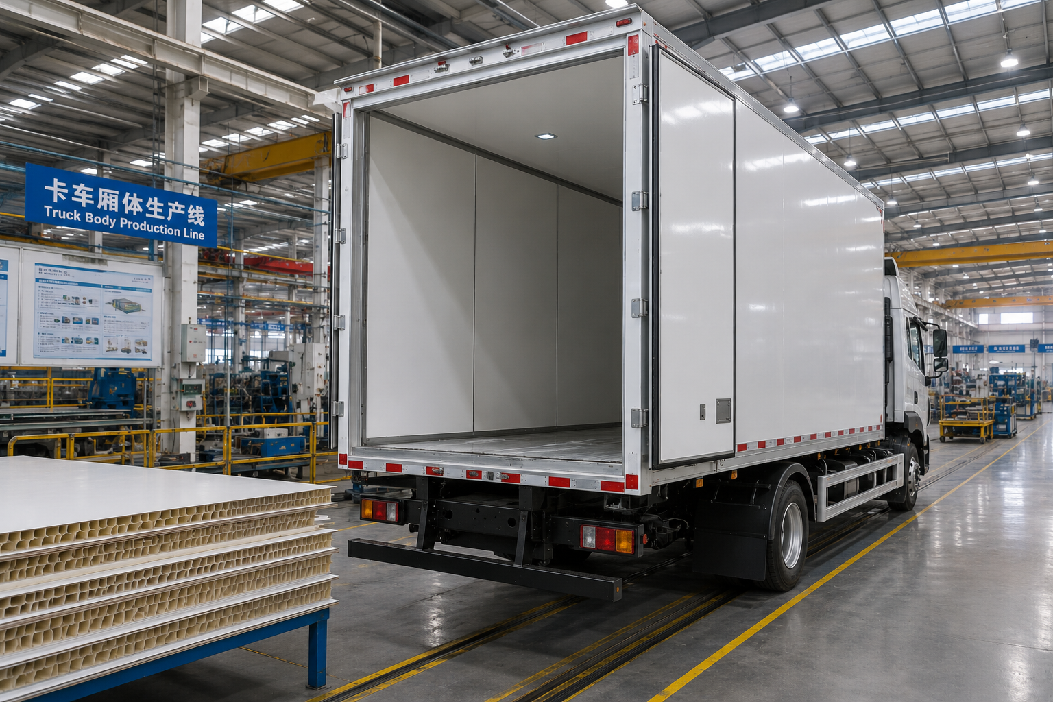 Truck body production line using fiberglass-reinforced composite panels