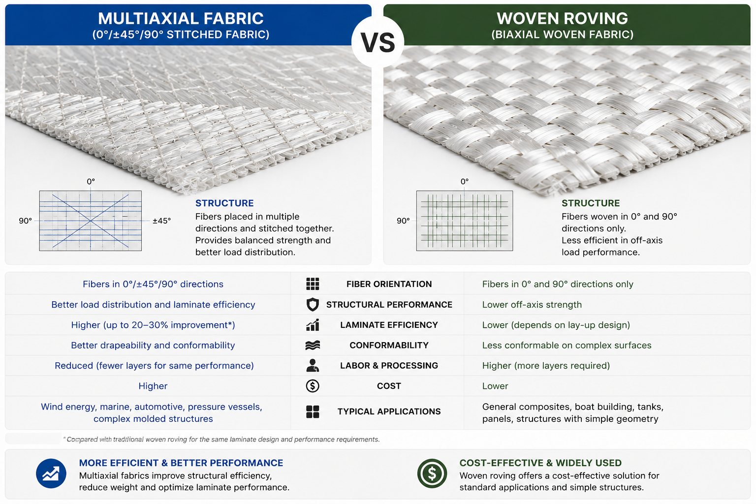 Comparison of fiberglass multiaxial fabric vs woven roving, illustrating fiber orientation and structural efficiency.