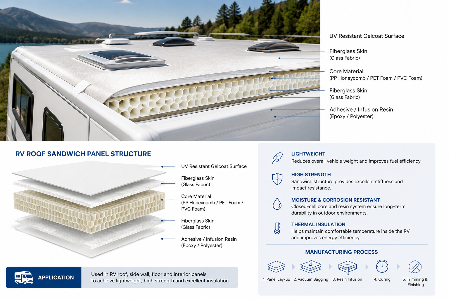 PP honeycomb and PET foam sandwich panels used in lightweight RV construction.