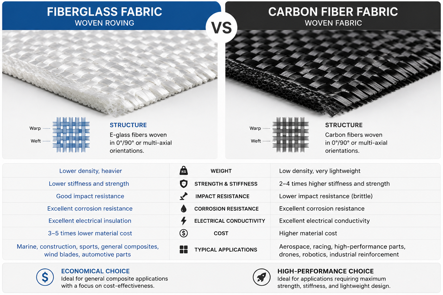 Cost-performance comparison between fiberglass fabric and carbon fiber for marine, wind, and lightweight structures