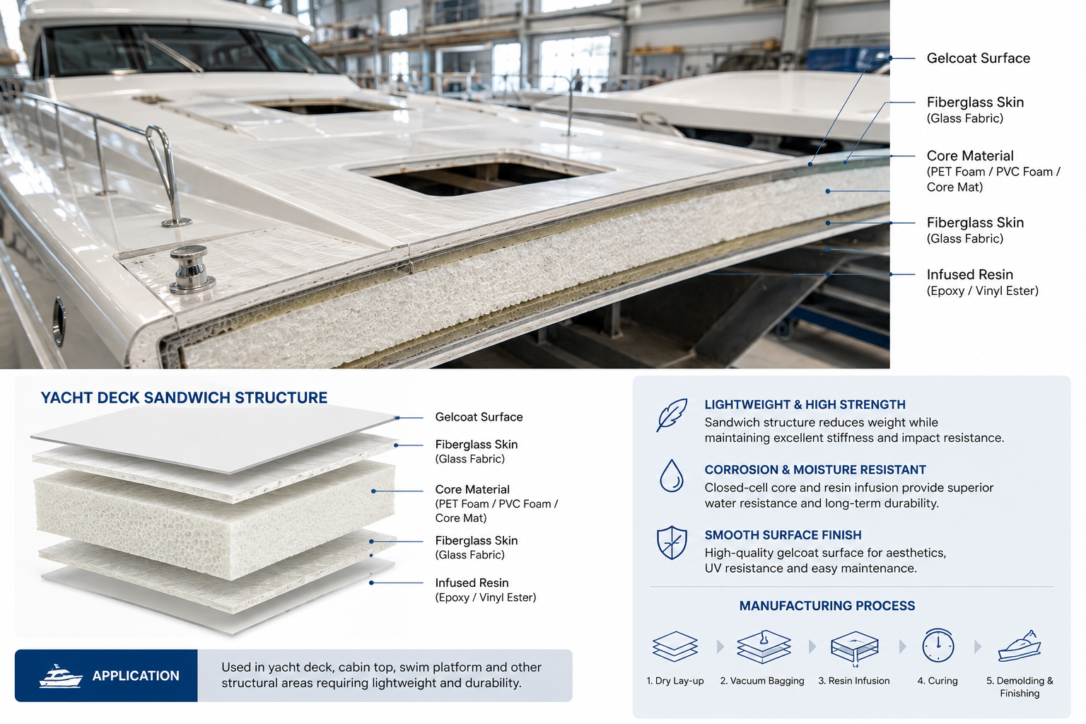 Core Mat and PET foam used in vacuum infused yacht hull and deck sandwich structures.