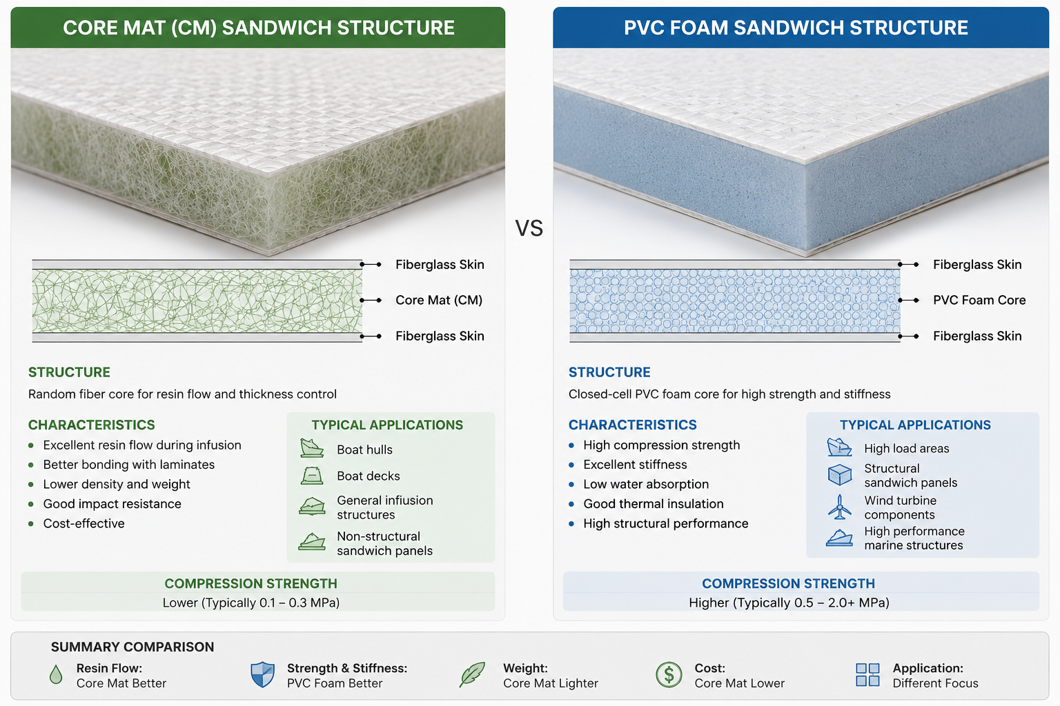 Comparison of Core Mat sandwich structure versus PVC foam core sandwich structure