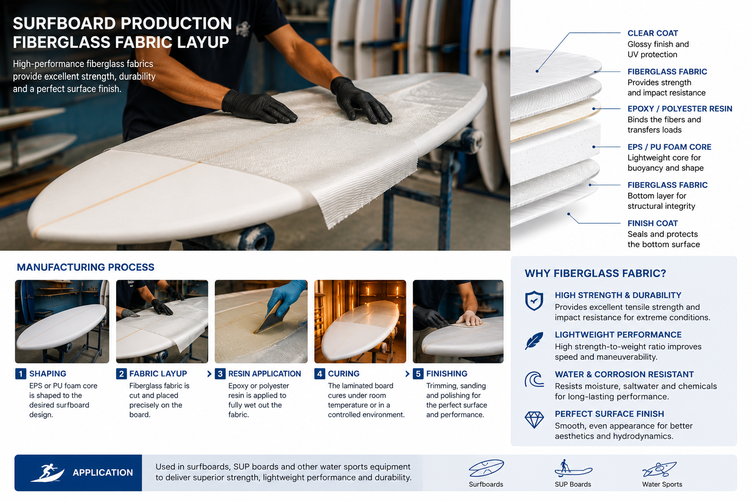 Surfboard manufacturing with fiberglass fabric