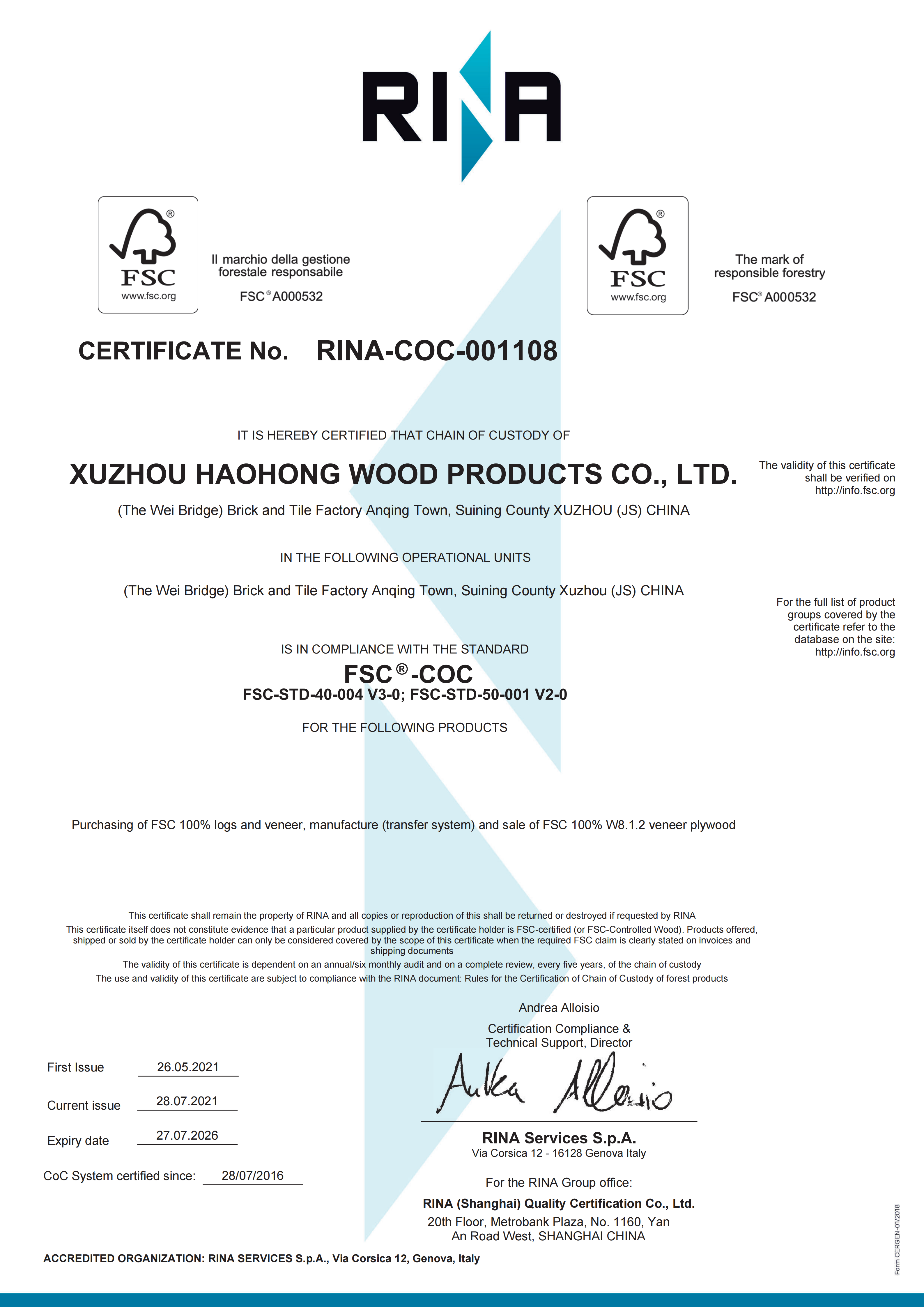 FSC chain of custody certificate for wood panel products