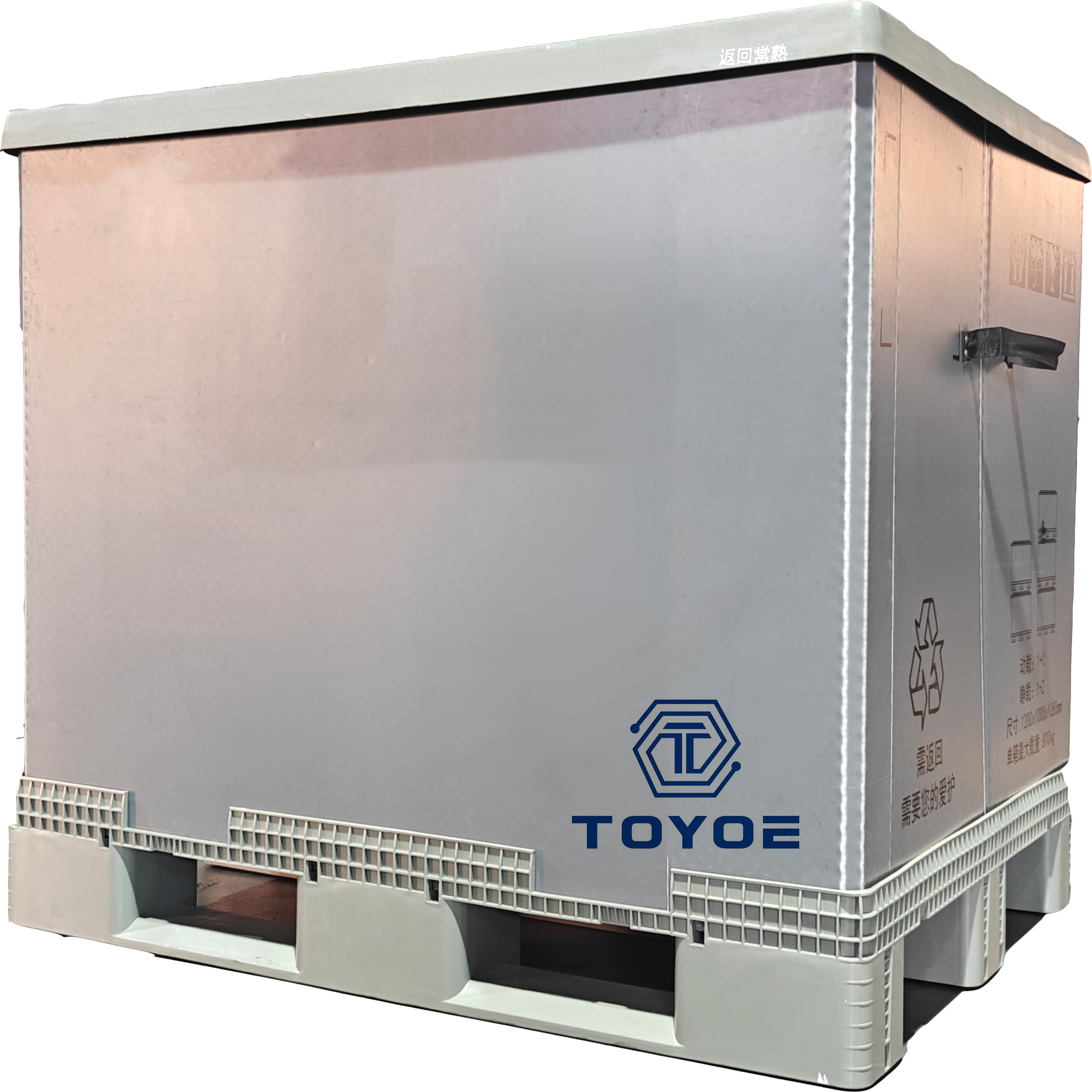 TOYOE open-status pallet box showing stacking capability and structural design