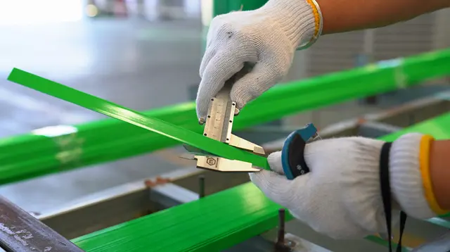Width and dimensional inspection of plastic strapping before shipment