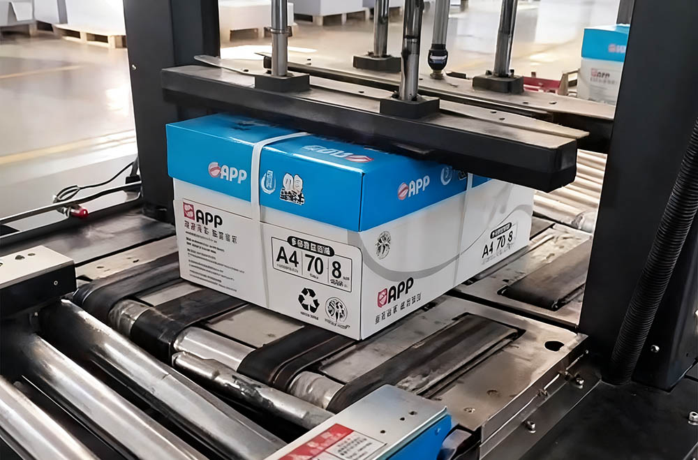 Paper industry packaging line with copy paper, tissue, paper rolls and cartons