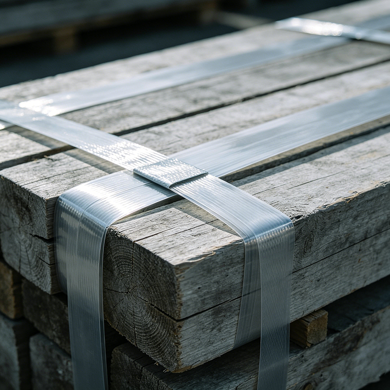 Plastic strapping applied to wood and construction material pallets for transport bundling