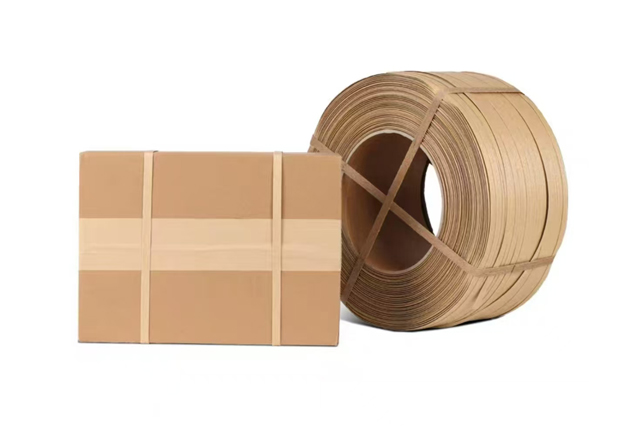 Custom printed paper strapping band with recyclable messaging for brand packaging