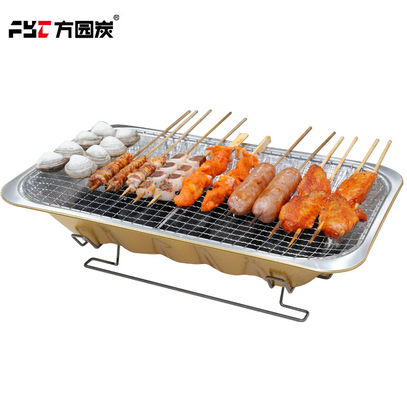 Disposable barbecue grill with copper foil box, wire mesh and self-igniting charcoal layer