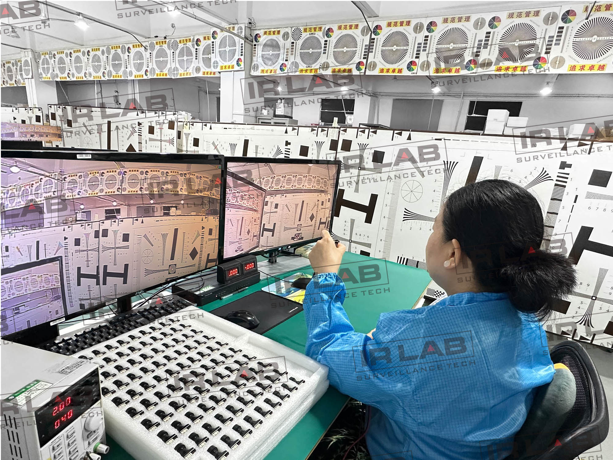 FPV camera production line test station with cameras under verification