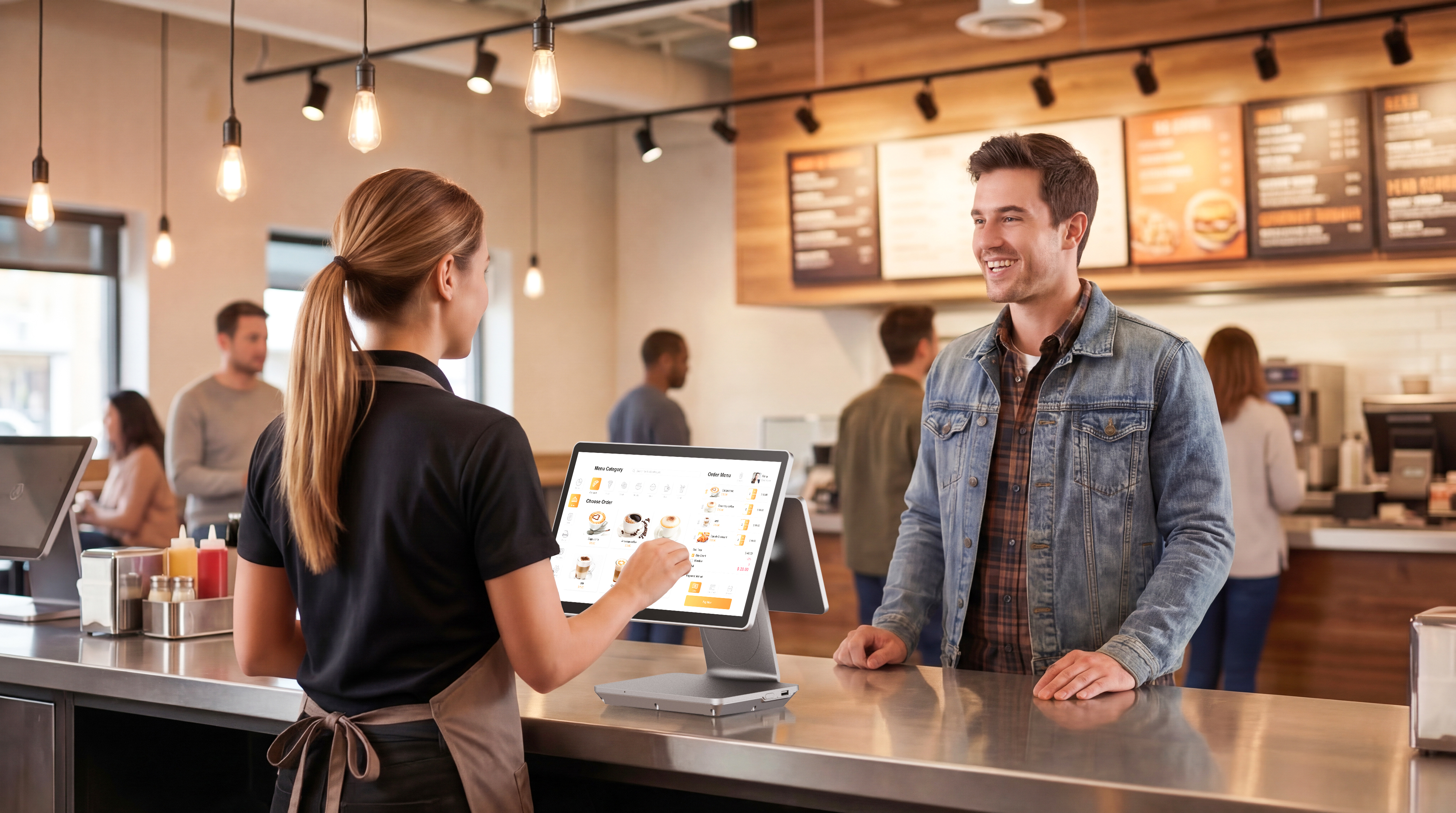 Telpo C9 Android POS terminal deployed at a quick-service restaurant checkout counter