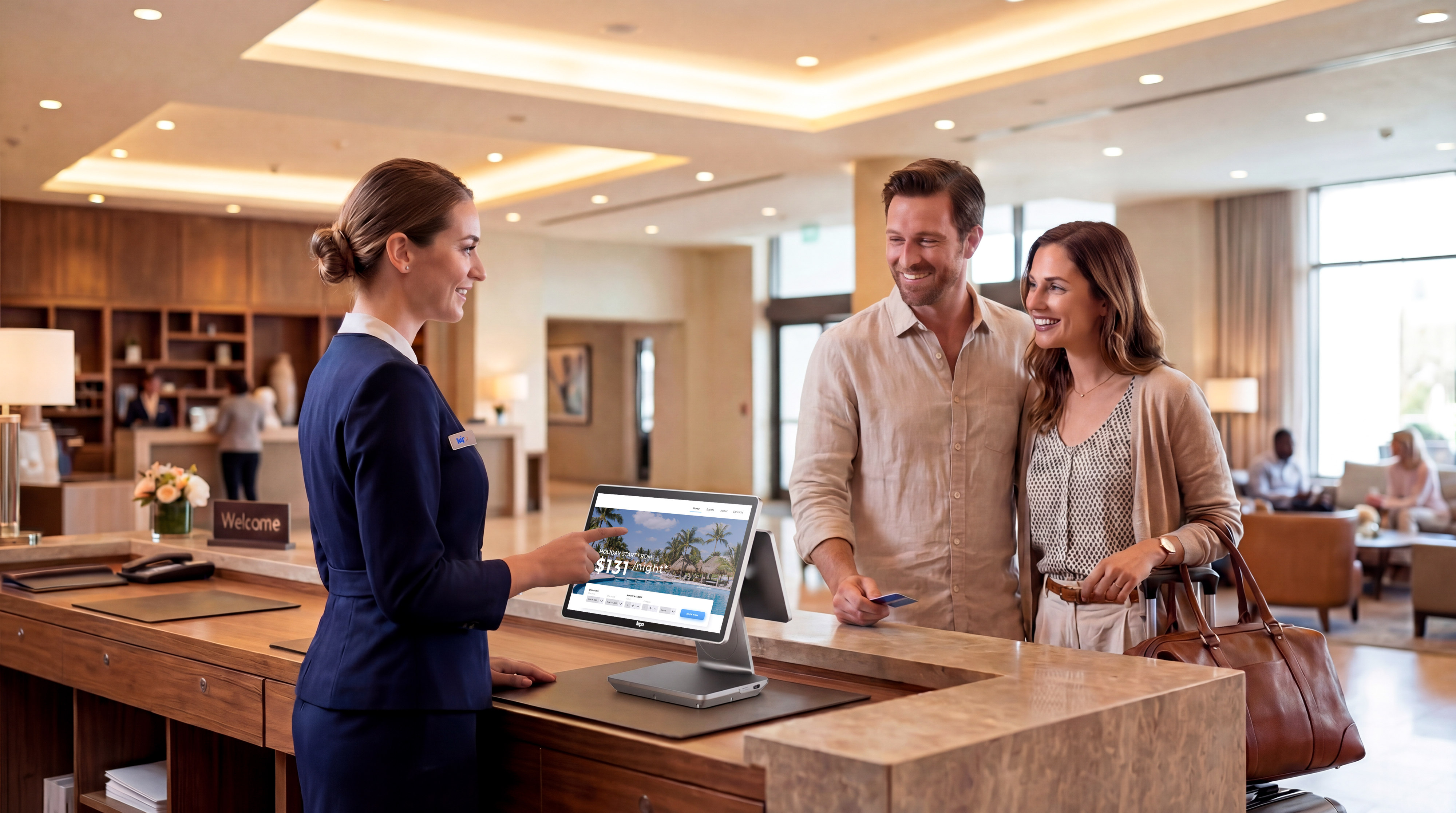 Hotel front-desk checkout counter, a fixed countertop environment where Windows-based cash registers such as the Telpo C9W are specified