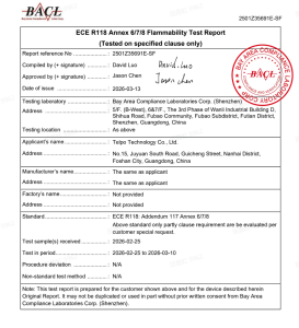 ECE R118 Annex 6/7/8 Flammability Test Report