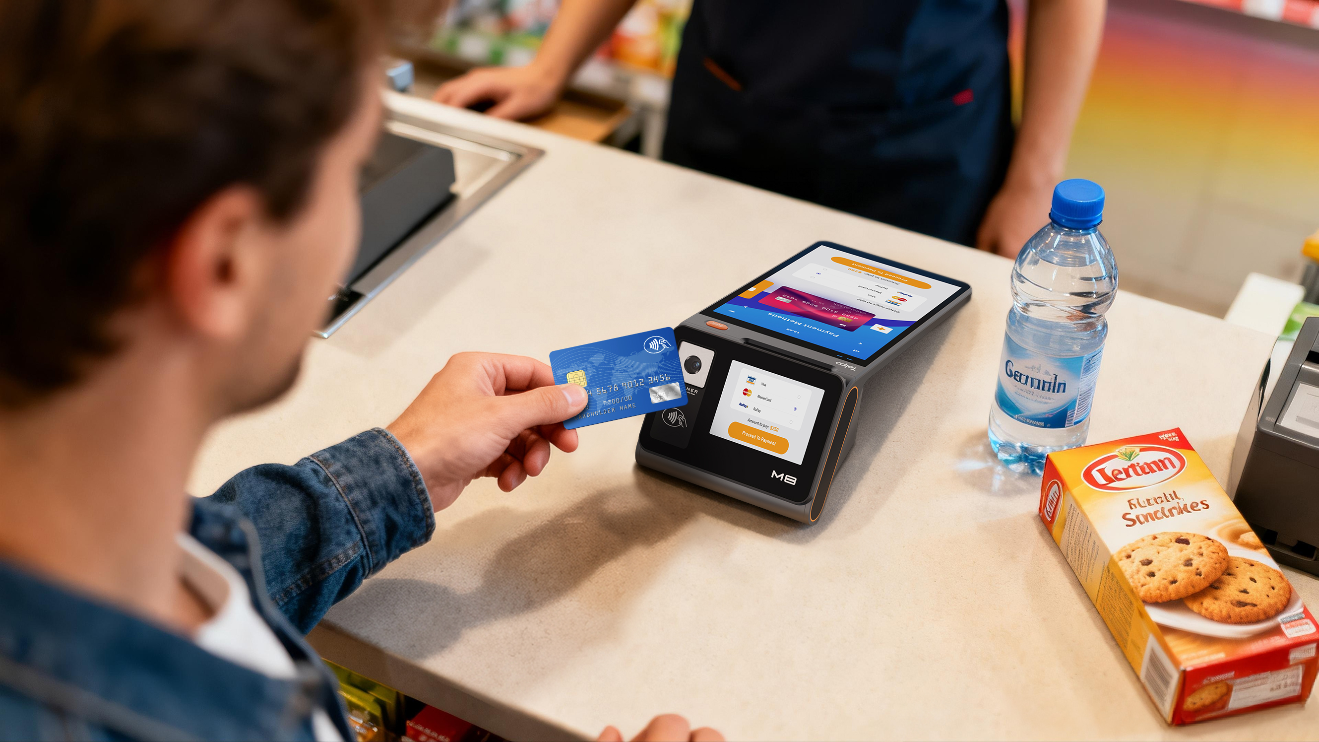 Telpo M8 compact Android POS terminal at a convenience store counter with 8-inch display and built-in 58mm printer