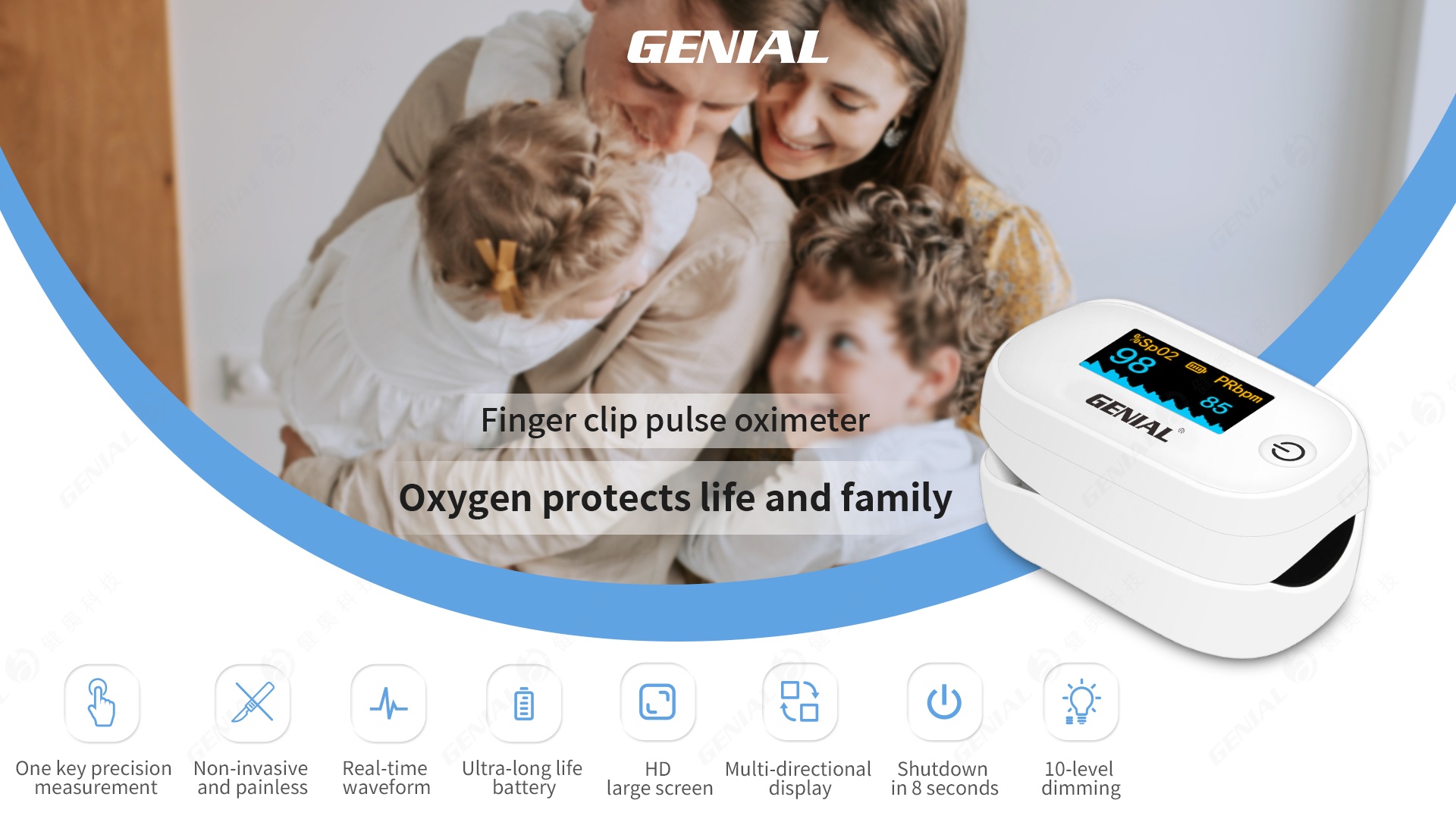 Fingertip pulse oximeter with SpO2 range 35 to 100 percent and pulse rate 30 to 250 bpm