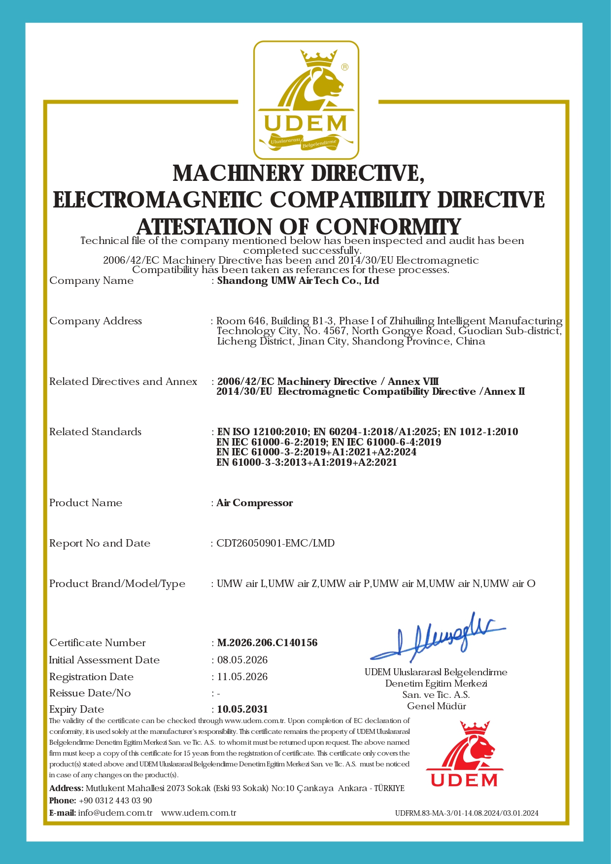 UMW Air CE Certification for screw air compressors