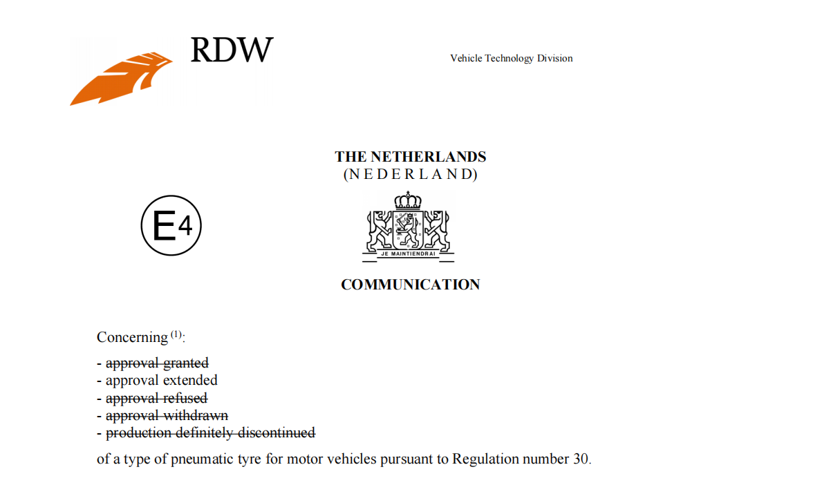 ECE certification document for Wideway tires