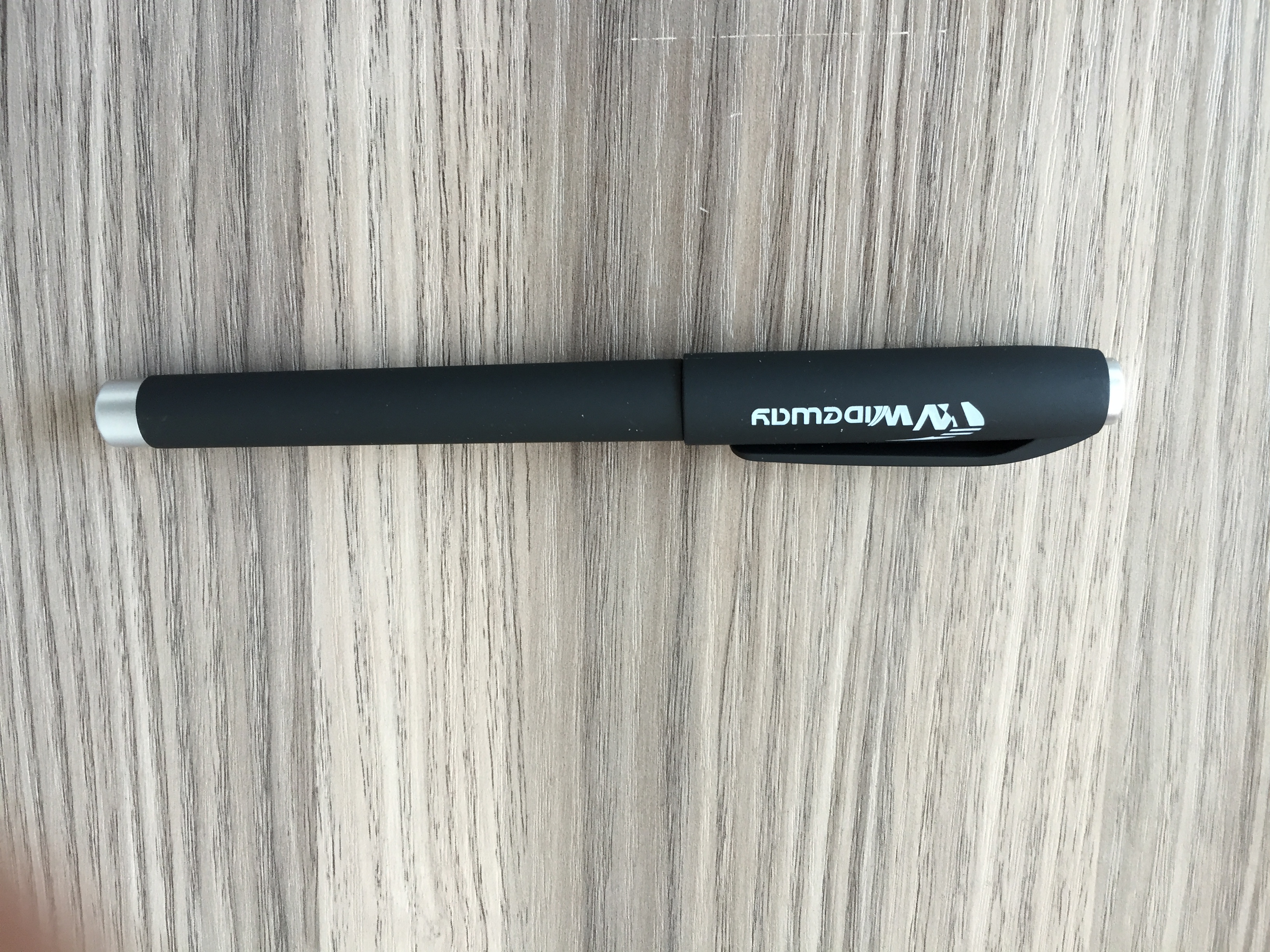 Wideway OEM promotional materials including pen, bag, book, and t-shirt
