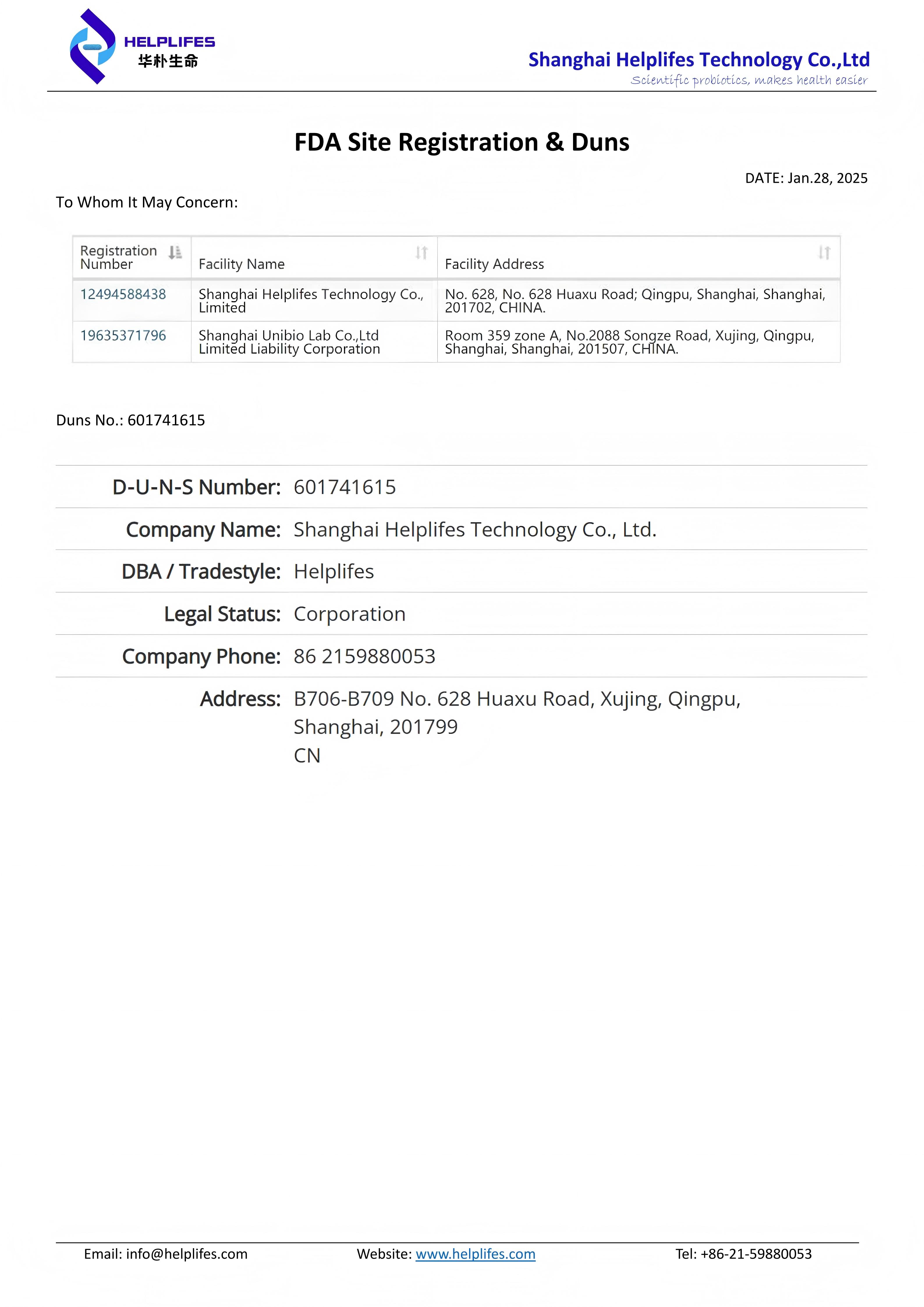 FDA Facility Registration certificate for Shanghai Unibio Lab Co., Ltd
