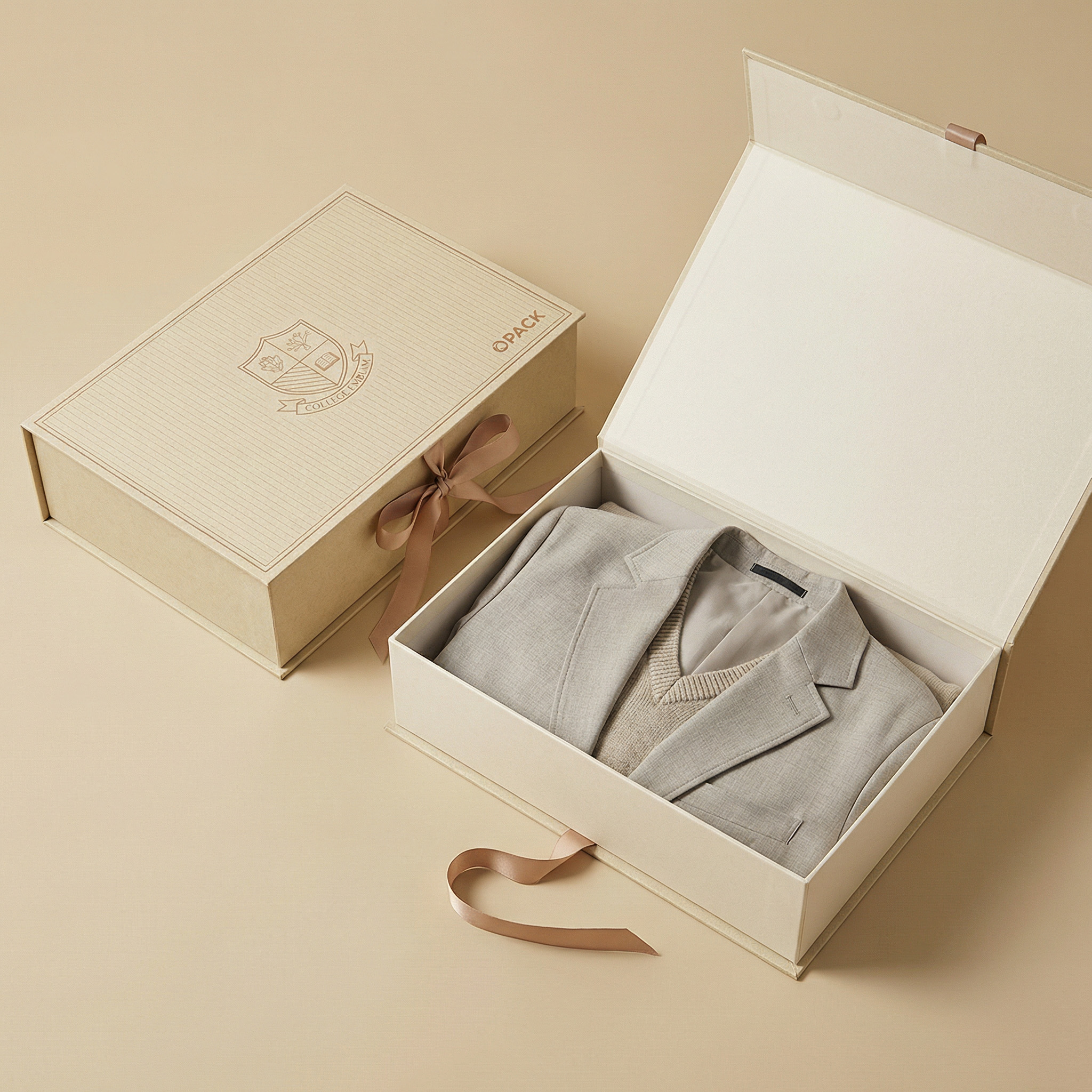Custom rigid book-style box used for apparel packaging in a retail setting
