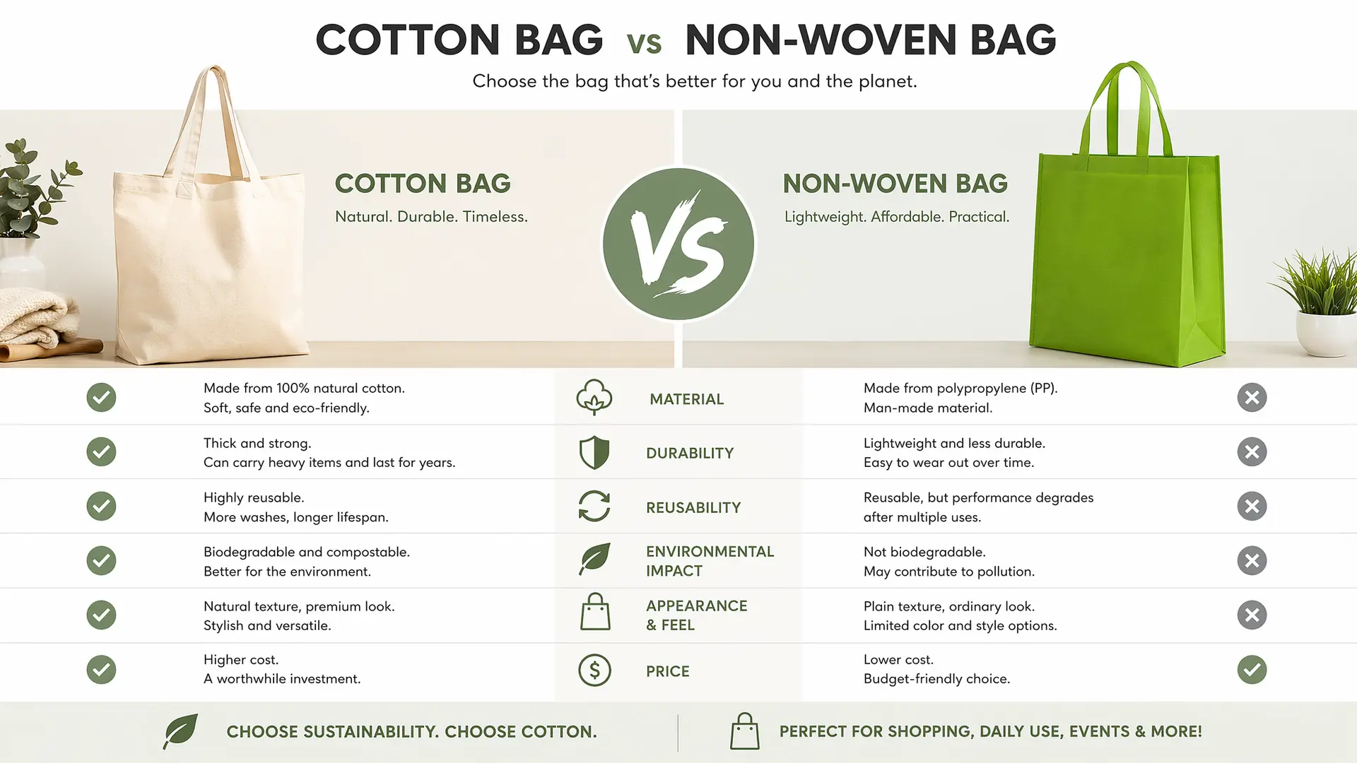 Comparison chart of cotton bag versus non-woven bag focusing on material, durability, reusability, environmental impact, appearance, and price