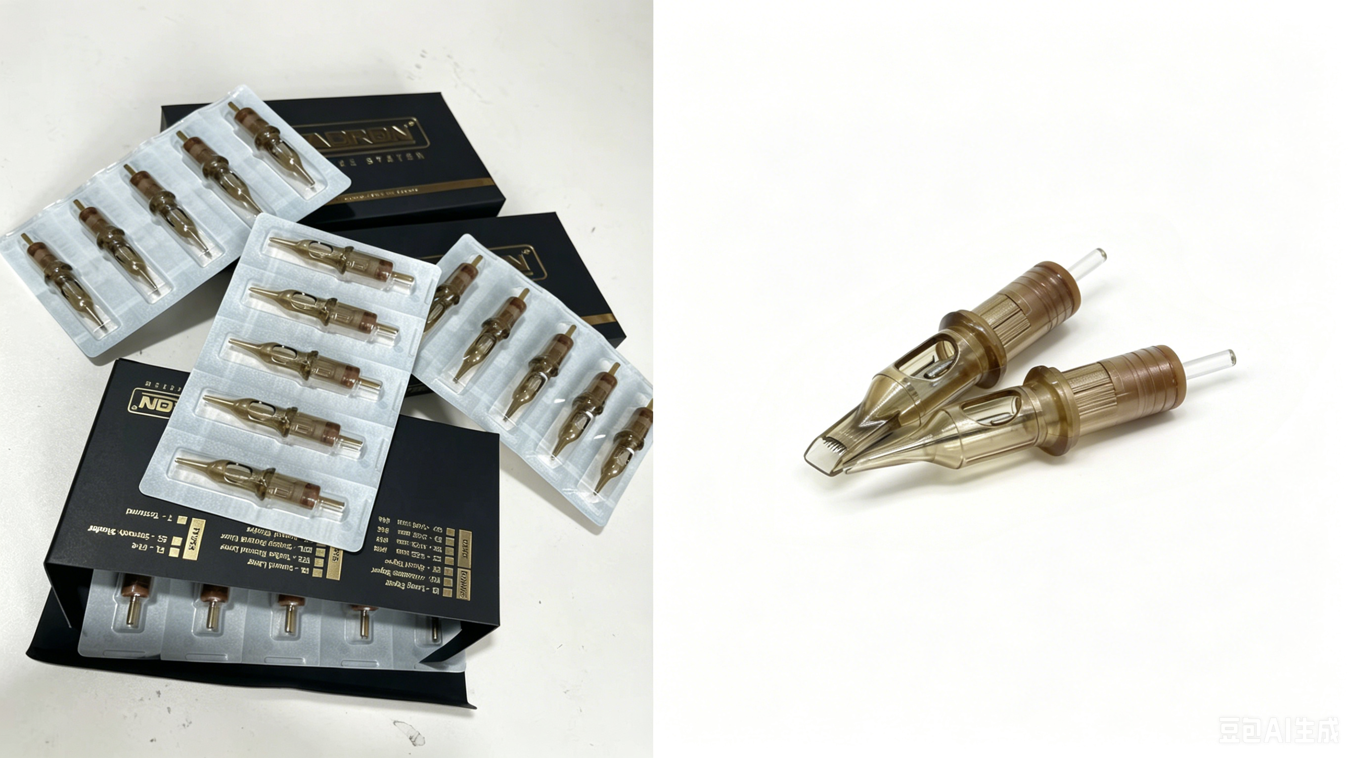 Left: KWADRON tattoo cartridge needle; Right: CREDITECH MED SPACEDRAGON cartridge needle