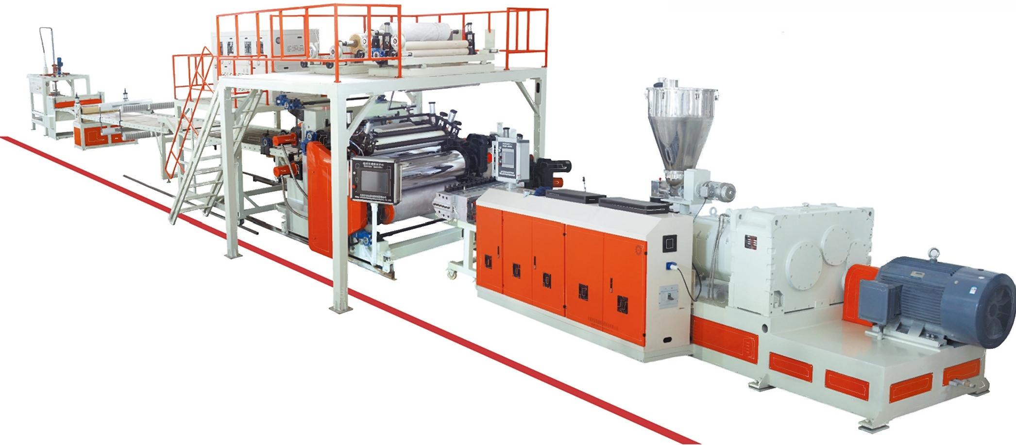 JKS EIR in-line synchronous embossing SPC flooring extrusion line showing full production system.