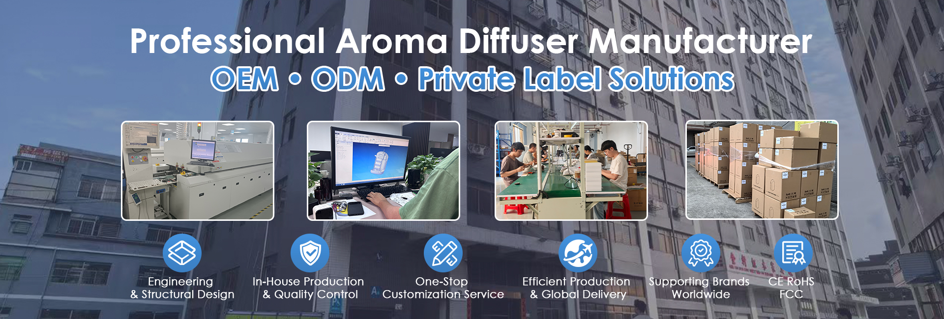 SCENTSEA factory capability banner for certified scent diffuser supply and OEM/ODM projects