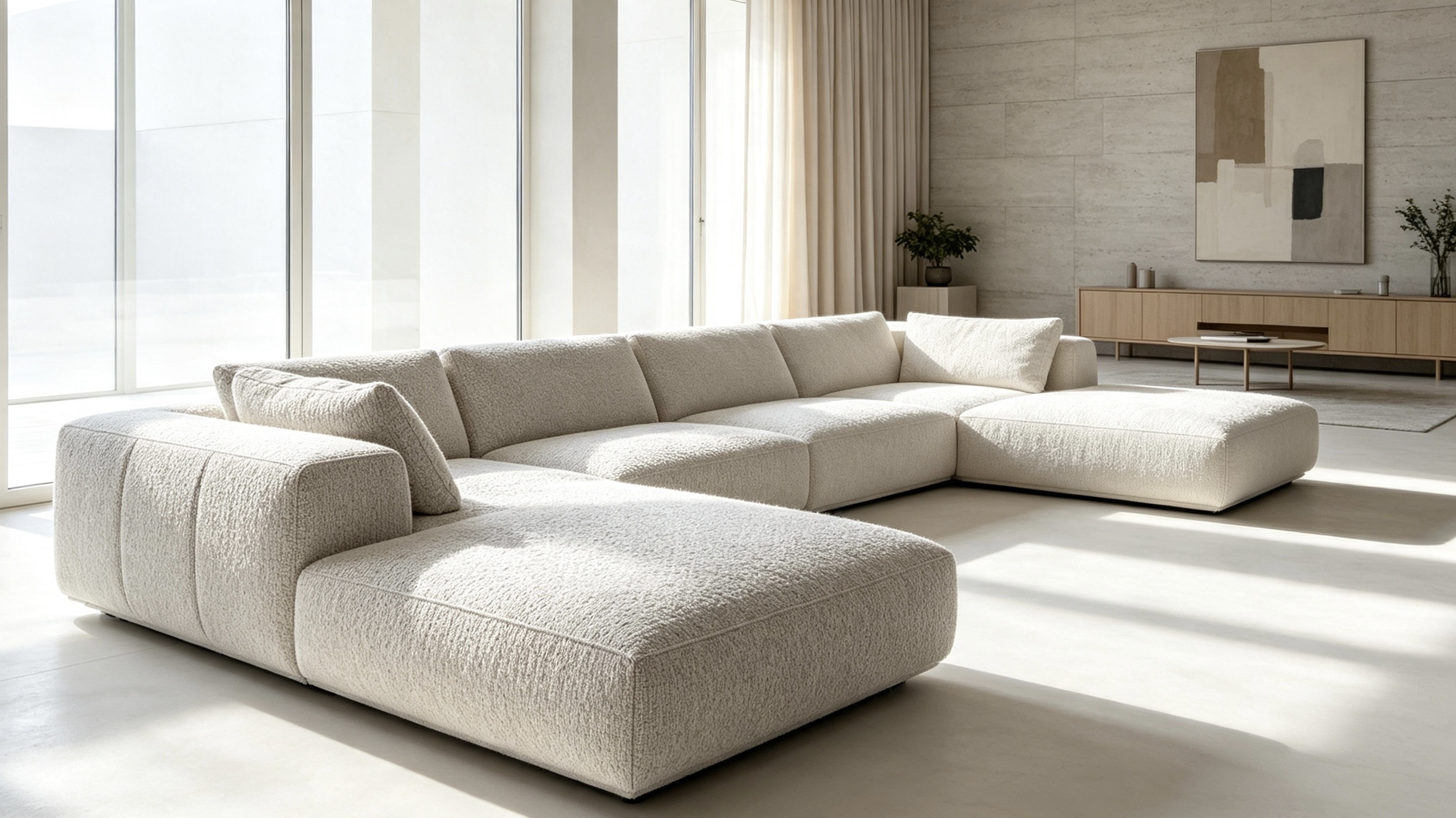 Upholstered modern sofa using OYD furnishing fabric in an indoor residential setting